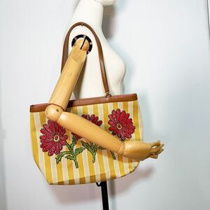 Isabella Fiore | Yellow and Cream Striped | Beaded 3 Flower Handbag | Medium
